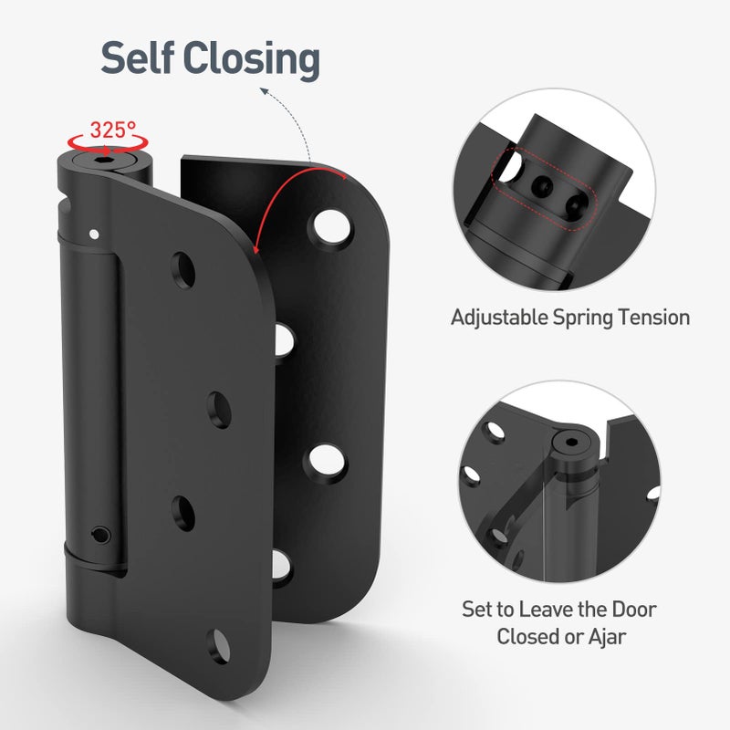 Hosom Self Closing Door Hinge Spring Hinge 4 Inch Adjustable Tension For Garage Front Door Back Door Ul Listed For Left And Right Hand Door 5/8'' Radius Corners Matte Black 4 Pack - Image 3