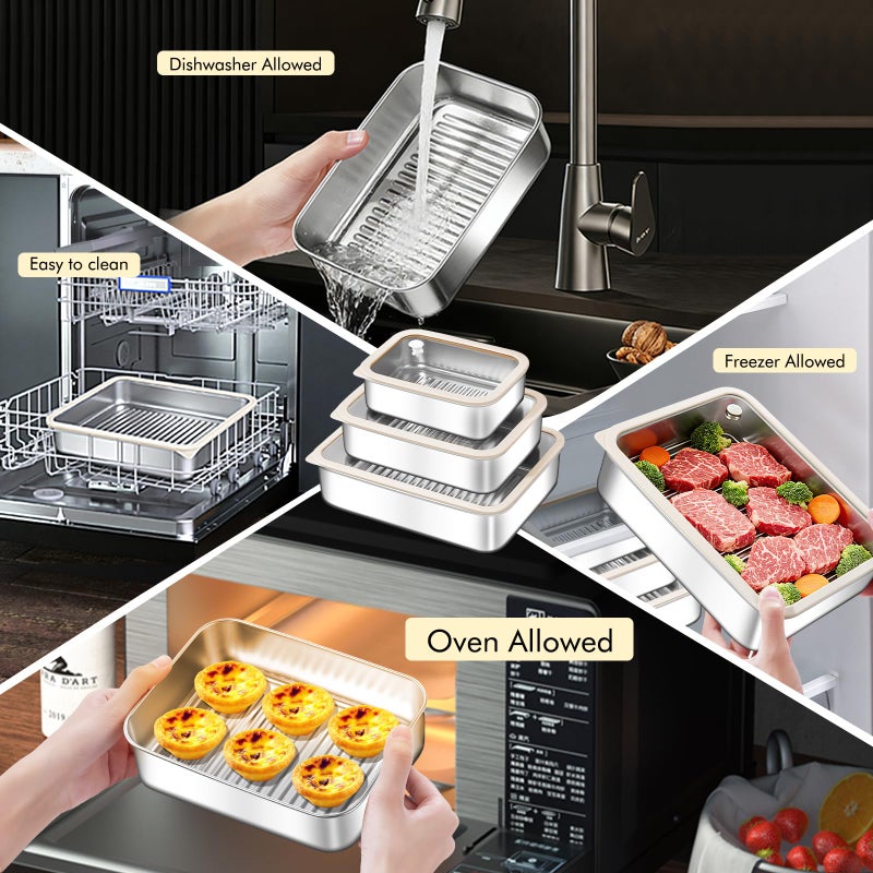 GIUOIDUO 3-Piece Extra Thick 304 Stainless Steel Food Storage Containers with Non-Stick Bottom, Airtight Glass Lids & Silicone Seal, Stackable Kitchen Organization Boxes for Food Preservation - Image 3