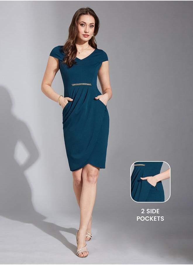 Miss Chase Pleated Chain Belt Tulip Hem Knee-Length Dress by Styli  - Image 1