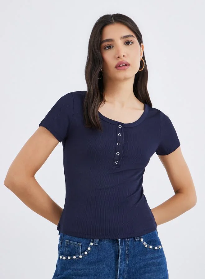 تايك تو Take Two Navy Blue Square Neck Ribbed Fitted T-Shirt