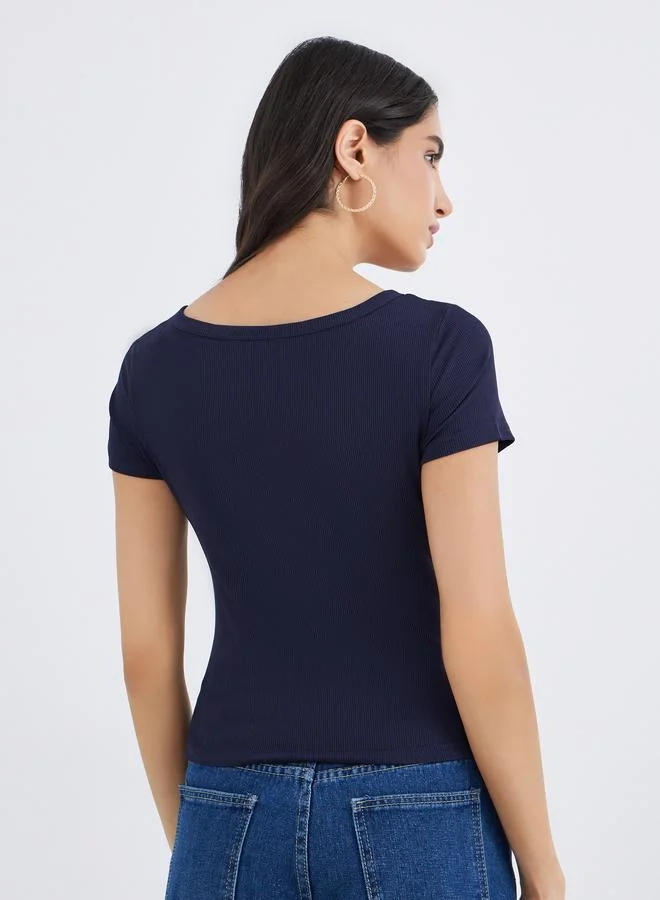 Take Two Take Two Navy Blue Square Neck Ribbed Fitted T-Shirt