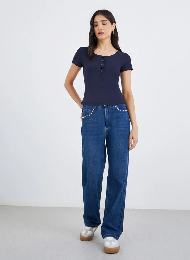 تايك تو Take Two Navy Blue Square Neck Ribbed Fitted T-Shirt
