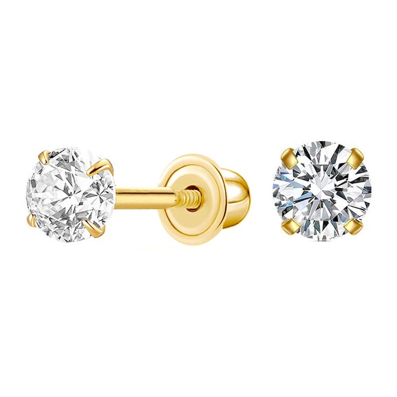 UNAHKTHY 14K Yellow Gold Round Cubic Zirconia Stud Earrings, Classic Solitaire Design with Secure Screw-Back Closure, Versatile Sizes (Yellow Gold, 3mm) - Image 1