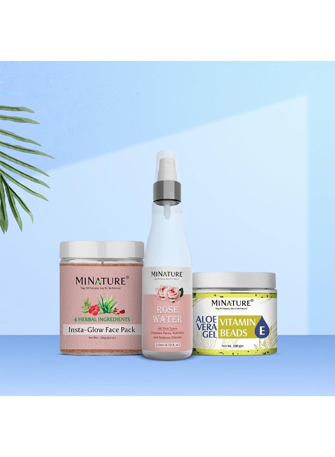 minature Skincare Kit CTM (Cleansing, Toning, Moisturizing) Combo Kit |Insta Glow Face Pack (100g), Rose Water(110ml), and Aloe Vera Gel with Vitamin E (200g) | Natural Skin Care Combo - Image 3