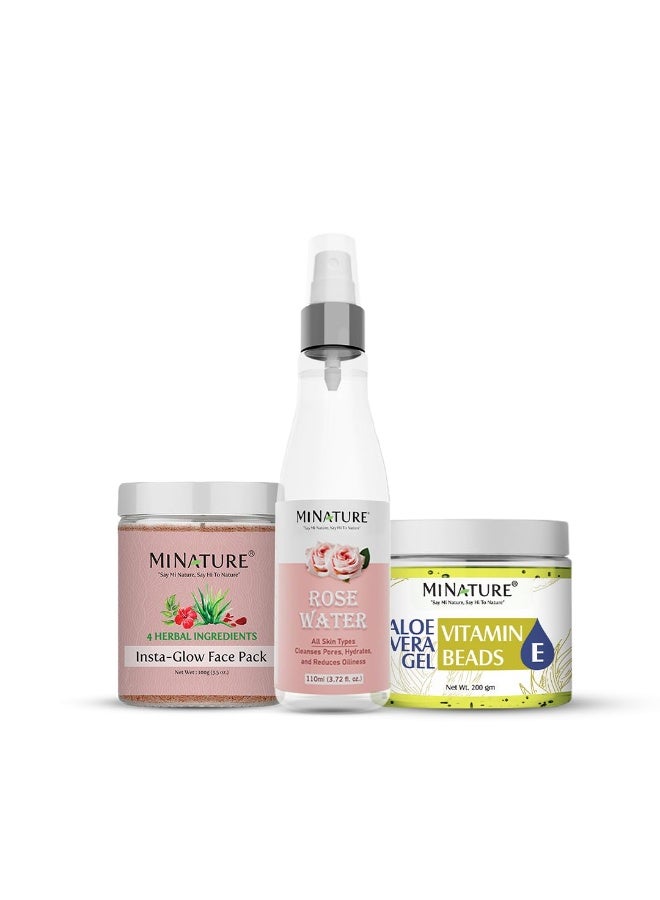 minature Skincare Kit CTM (Cleansing, Toning, Moisturizing) Combo Kit |Insta Glow Face Pack (100g), Rose Water(110ml), and Aloe Vera Gel with Vitamin E (200g) | Natural Skin Care Combo - Image 1
