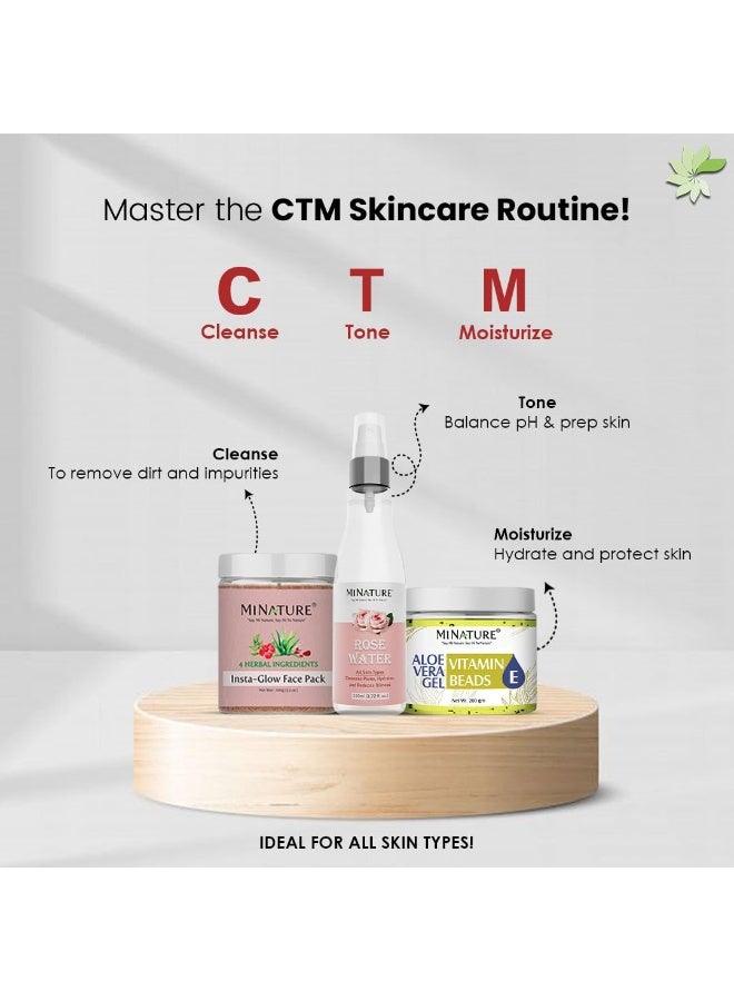 minature Skincare Kit CTM (Cleansing, Toning, Moisturizing) Combo Kit |Insta Glow Face Pack (100g), Rose Water(110ml), and Aloe Vera Gel with Vitamin E (200g) | Natural Skin Care Combo - Image 2