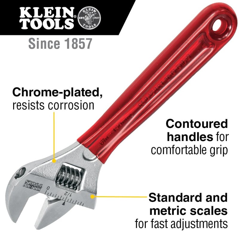 Klein Tools D507-6 Adjustable Wrench, Extra Capacity Jaw Forged Drive Wrench with High Polish Chrome Finish, 6-1/2-Inch - Image 2