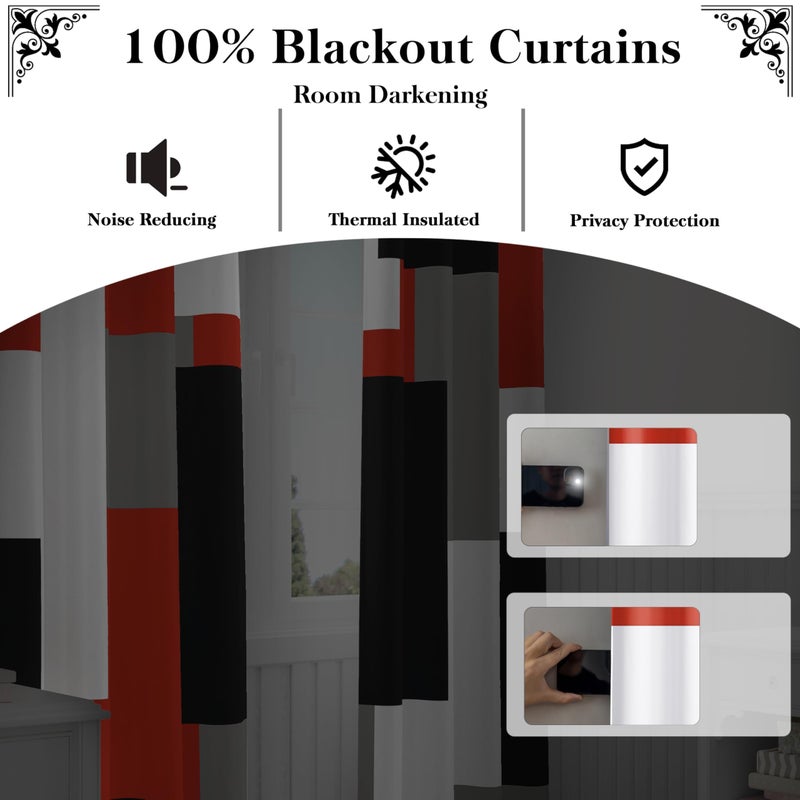 Tyrot Red Black 100% Blackout Curtains for Bedroom 63 inch Length 2 Panels Set White Grey Modern Abstract Geometric Black Out Curtains Christmas Red Room Darkening Window Drapes Living Room, 52Wx63L - Image 3