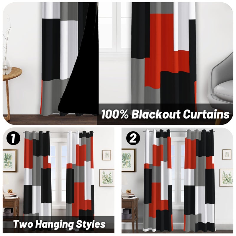 Tyrot Red Black 100% Blackout Curtains for Bedroom 63 inch Length 2 Panels Set White Grey Modern Abstract Geometric Black Out Curtains Christmas Red Room Darkening Window Drapes Living Room, 52Wx63L - Image 2