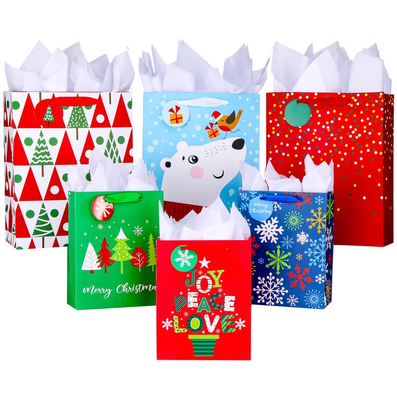 SUNCOLOR 6 Pack Christmas Gift Bags Assorted Sizes With Tissue paper 3 Large 13 3 Medium 9