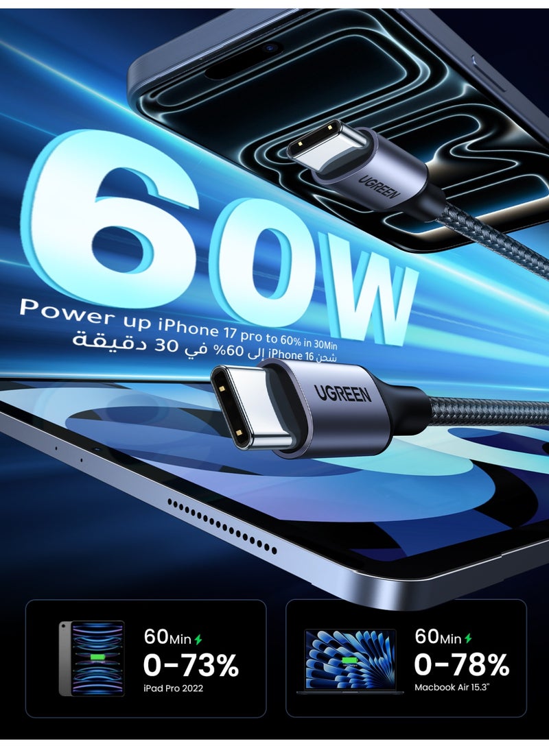 يو جرين كابل تايب سي 60W مضفر من النايلون، سلك يو إس بي سي، متوافق مع آيفون 17 و16 برو ماكس، آيباد برو وإير وميني 6، ماك بوك برو وإير، جالاكسي S25 وS24 الترا وZ فولد، شاومي، أونور 2متر 2M - Image 3