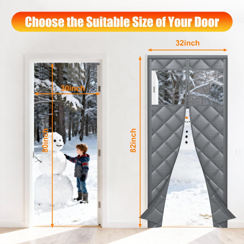 Deekypol Magnetic Thermal Insulated Door Curtain with Transparent Window Insulated Door Cover Upgraded Oxford Filled with Thicken Cotton Thermal Insulated Curtains for Winter Waterproof and Windproof, Grey - Image 3