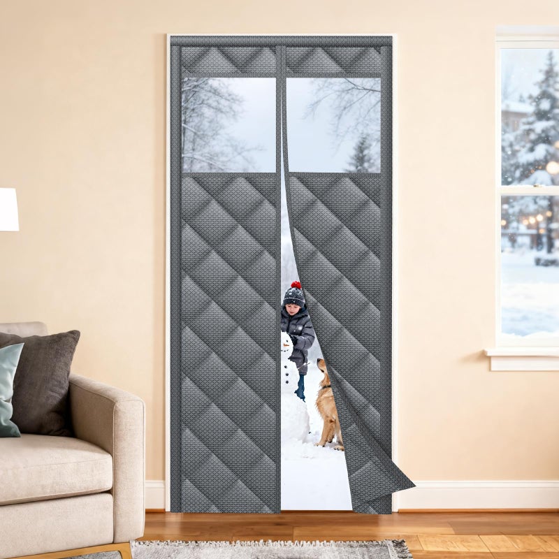 Deekypol Magnetic Thermal Insulated Door Curtain with Transparent Window Insulated Door Cover Upgraded Oxford Filled with Thicken Cotton Thermal Insulated Curtains for Winter Waterproof and Windproof, Grey - Image 1