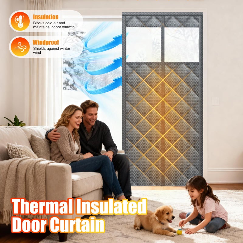 Deekypol Magnetic Thermal Insulated Door Curtain with Transparent Window Insulated Door Cover Upgraded Oxford Filled with Thicken Cotton Thermal Insulated Curtains for Winter Waterproof and Windproof, Grey - Image 2