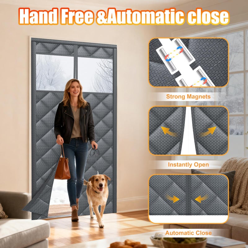 Deekypol Magnetic Thermal Insulated Door Curtain with Transparent Window Insulated Door Cover Upgraded Oxford Filled with Thicken Cotton Thermal Insulated Curtains for Winter Waterproof and Windproof, Grey - Image 4