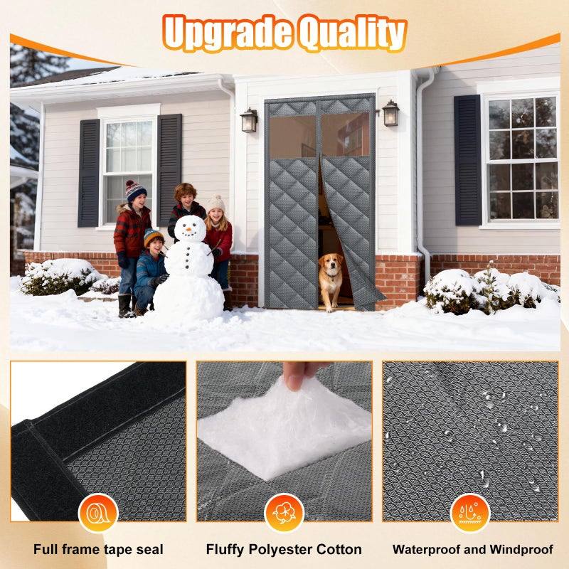 Deekypol Magnetic Thermal Insulated Door Curtain with Transparent Window Insulated Door Cover Upgraded Oxford Filled with Thicken Cotton Thermal Insulated Curtains for Winter Waterproof and Windproof, Grey - Image 5