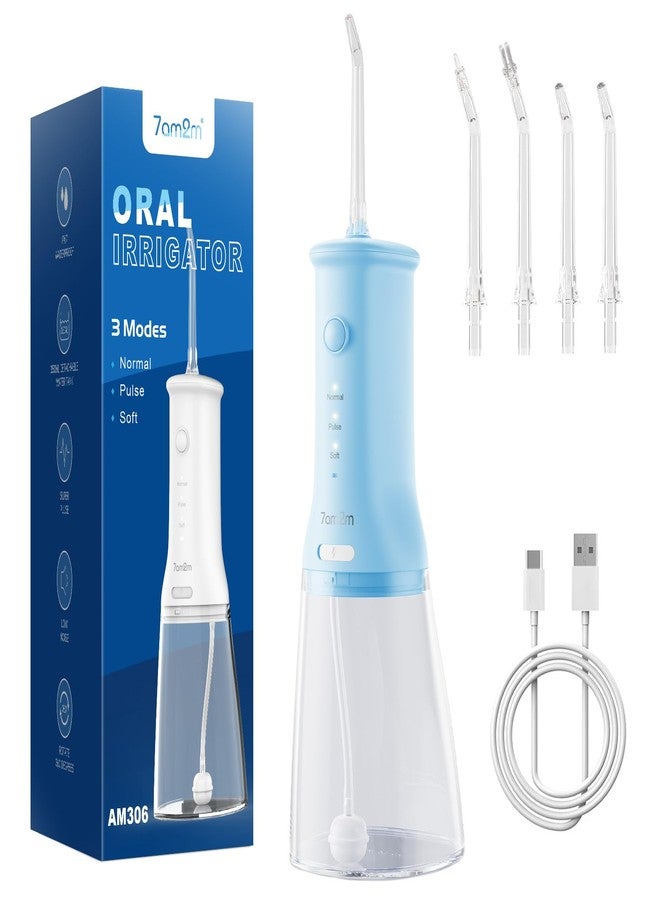 7AM2M Portable Water Flosser Cordless, Water Dental Flosser for Teeth with 3 Modes & 4 Jet Tips, IPX7 Waterproof, 350ML Rechargeable Oral Irrigation Cleaner for Travel and Home Use (Light Blue - Image 1