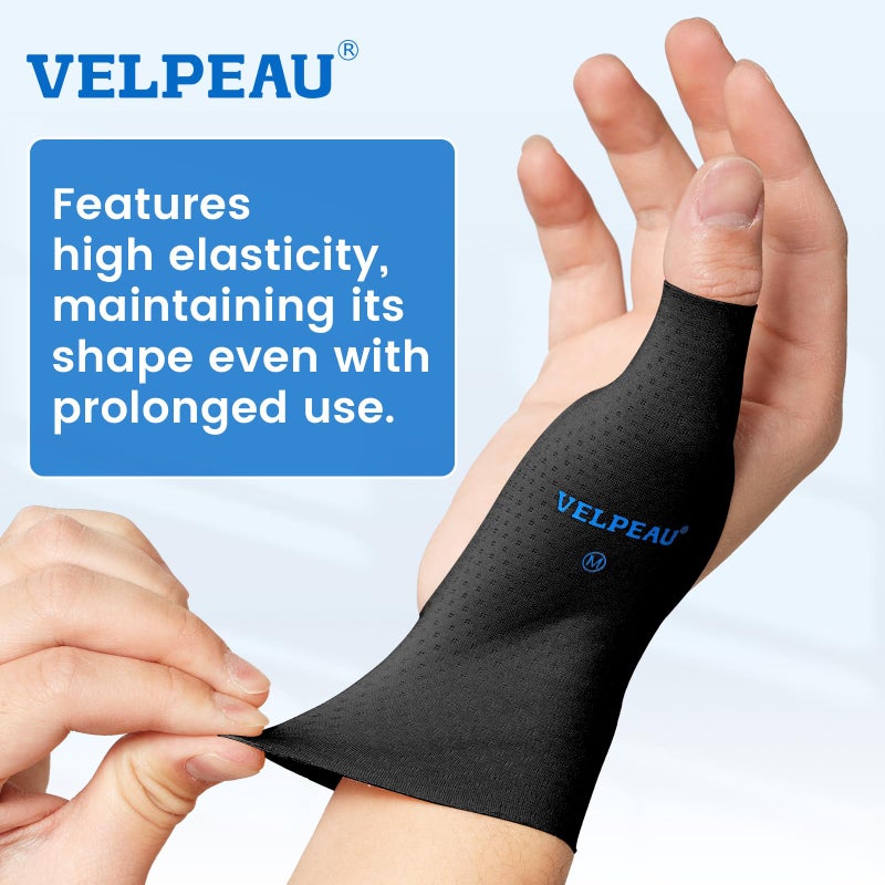Velpeau سوار ضغط الإبهام والمعصم من فيلبو (عبوة من 2)، تقنية بدون خياطة، قفازات لتخفيف آلام التهاب المفاصل للنساء والرجال، بطانة جبيرة، تناسب كلا اليدين (أسود، نسخة طويلة، م) - Image 2