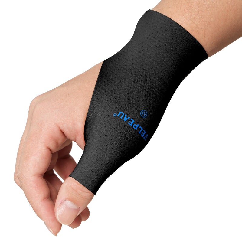 Velpeau سوار ضغط الإبهام والمعصم من فيلبو (عبوة من 2)، تقنية بدون خياطة، قفازات لتخفيف آلام التهاب المفاصل للنساء والرجال، بطانة جبيرة، تناسب كلا اليدين (أسود، نسخة طويلة، م) - Image 1