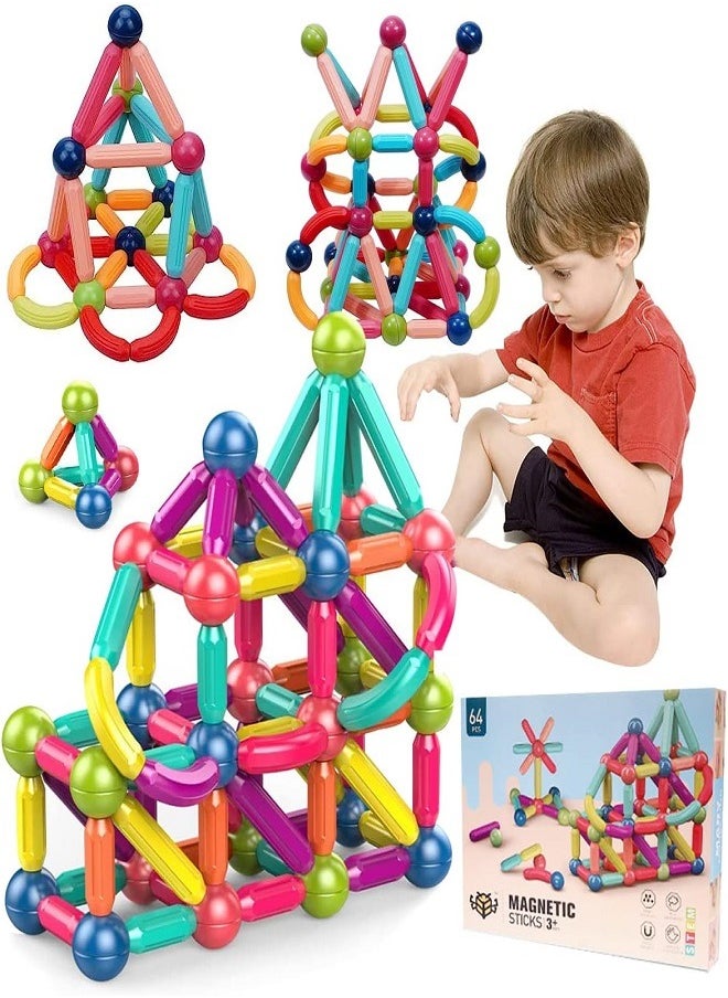 Rob Cube Magnetic Balls and Rods Building Blocks Set, 3D Magnetic Building Blocks for Kids - 64 Pieces Building Rods for STEM for Boys and Girls Ages 3 and Up  - Image 1