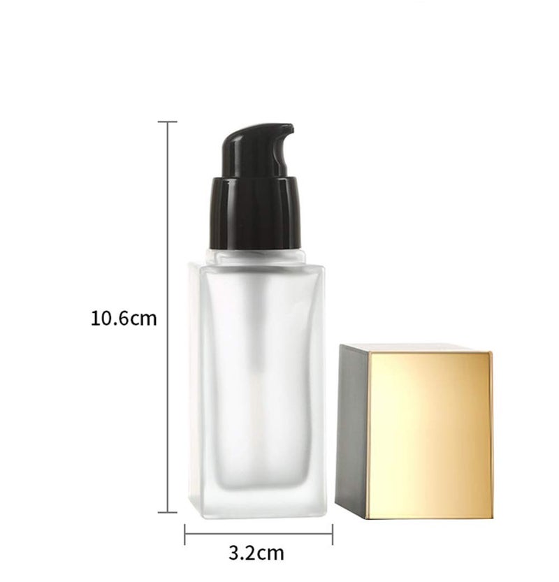 USRommaner 4 Pack,1 oz/30ml Matte Glass Essence Lotion Pump Bottle,Empty Square Cosmetic Container Travel Liquid Foundation Base Dispenser Vials with Pressure Pump,Golden Lid - Image 5