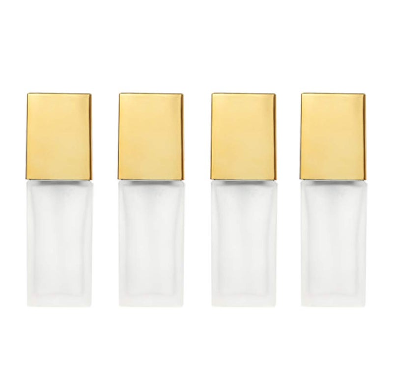 USRommaner 4 Pack,1 oz/30ml Matte Glass Essence Lotion Pump Bottle,Empty Square Cosmetic Container Travel Liquid Foundation Base Dispenser Vials with Pressure Pump,Golden Lid - Image 1