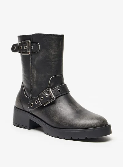 Lee Cooper Womens Buckled Strap Accent Boots with Zip Closure and Block Heels
