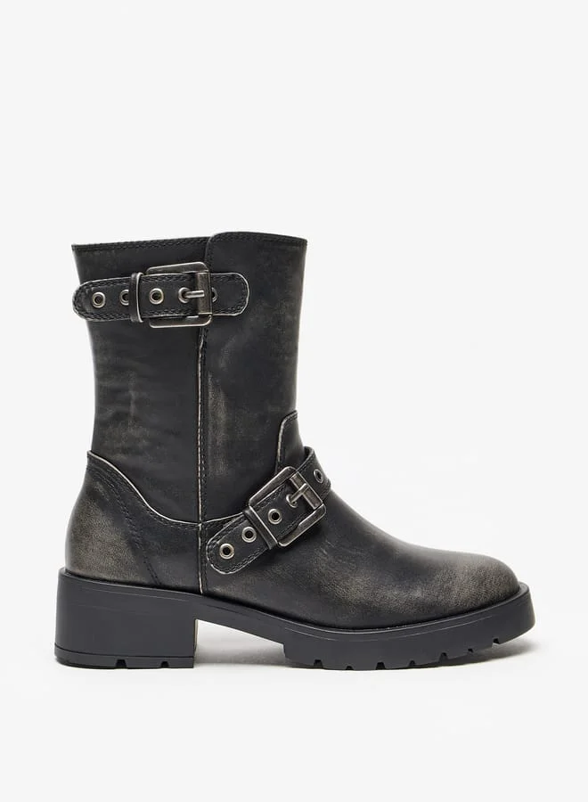 Lee Cooper Womens Buckled Strap Accent Boots with Zip Closure and Block Heels