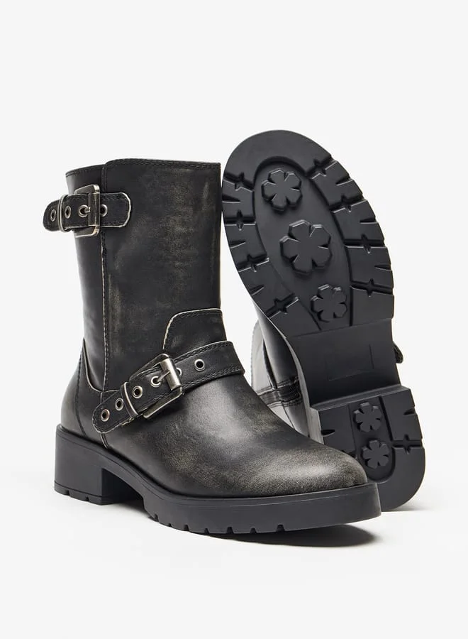Lee Cooper Womens Buckled Strap Accent Boots with Zip Closure and Block Heels