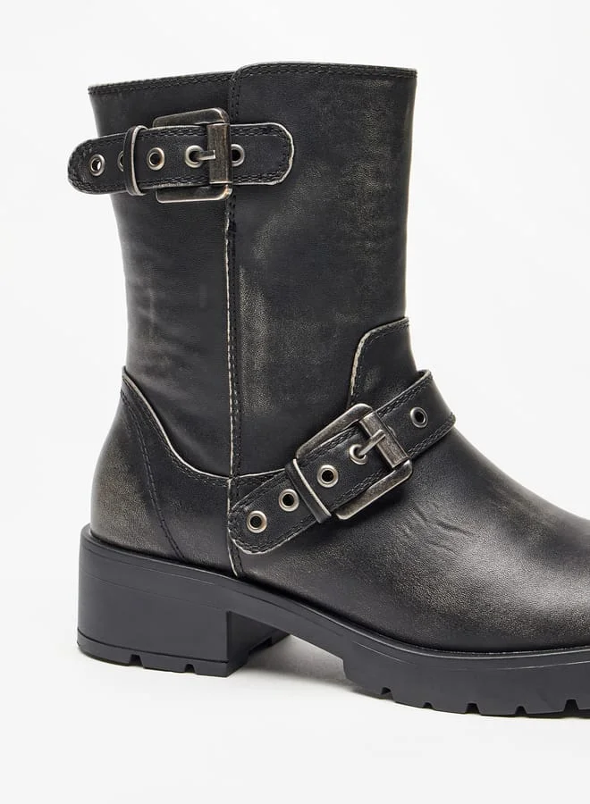 Lee Cooper Womens Buckled Strap Accent Boots with Zip Closure and Block Heels