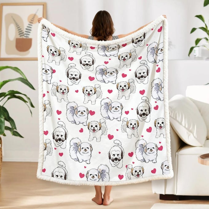 SHIH TZU SHERPA THROW BLANKET SUPER SOFT FUZZY COZY WARM RED HEARTS DOG BLANKET THICK PLUSH FLUFFY BLANKETS FOR TEEN GIRLS WOMEN COUCH BED SOFA CHAIR MEN BOYS GIFT THROW 50X60 INCHES