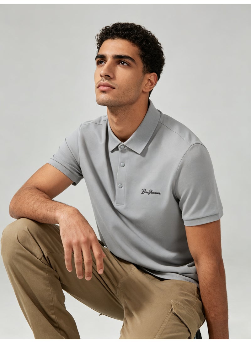بين شيرمان Ben Sherman Men’s Light Grey Solid Embroidered Short Sleeve Polo Shirt - Image 1