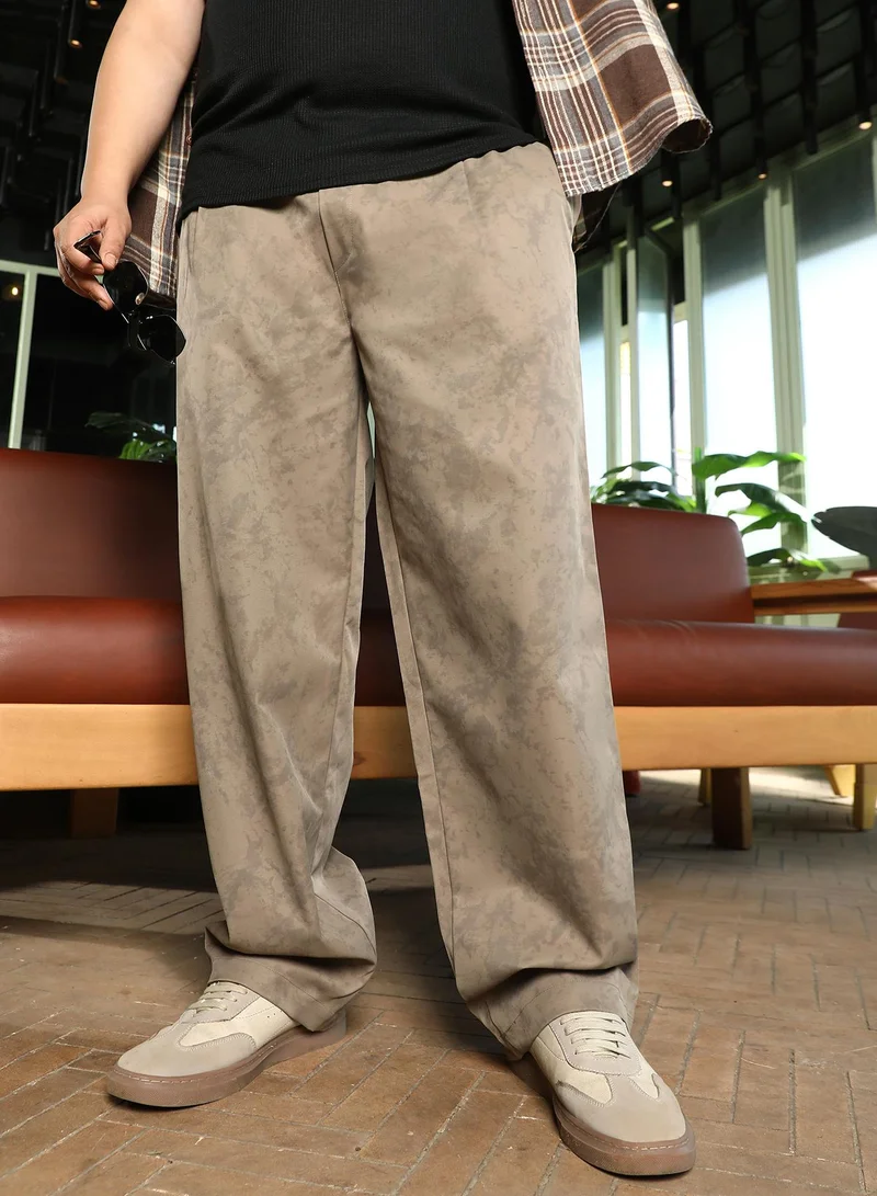 Men Splatter-Imprint Relaxed Trousers | Mid-Rise, Elasticated Stretch Waist | Pull On Closure, Straight Hem | Abstract Print Twill Woven Fabric For Plus Size Casual & Daily Wear | Brown