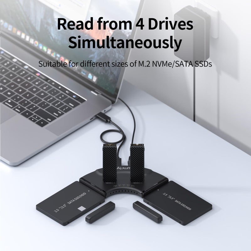 Alxum Dual M.2 NVMe & Dual SATA 4-Bay SSD Enclosure Reader, USB-C 10Gbps External Hard Drive Adapter Docking Station, PCIe 3.0 NVMe/SATA to USB Tool-Free for PC/Mac/Linux/Android - Image 2