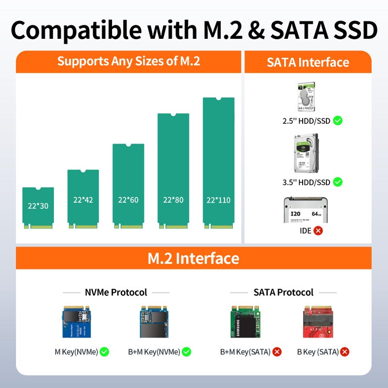 Alxum Dual M.2 NVMe & Dual SATA 4-Bay SSD Enclosure Reader, USB-C 10Gbps External Hard Drive Adapter Docking Station, PCIe 3.0 NVMe/SATA to USB Tool-Free for PC/Mac/Linux/Android - Image 5