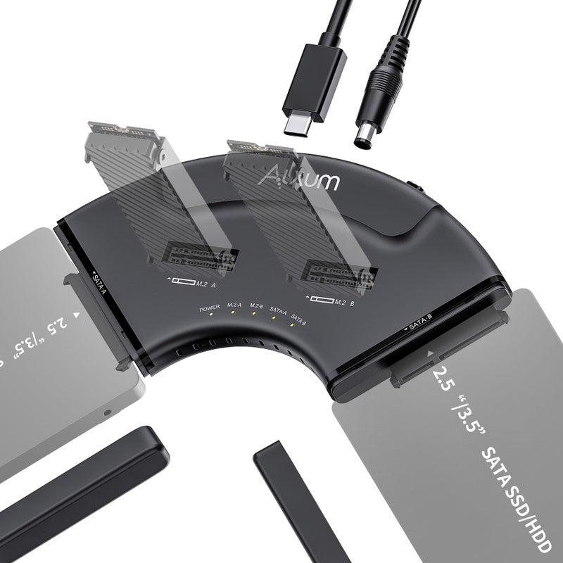 Alxum Dual M.2 NVMe & Dual SATA 4-Bay SSD Enclosure Reader, USB-C 10Gbps External Hard Drive Adapter Docking Station, PCIe 3.0 NVMe/SATA to USB Tool-Free for PC/Mac/Linux/Android - Image 1
