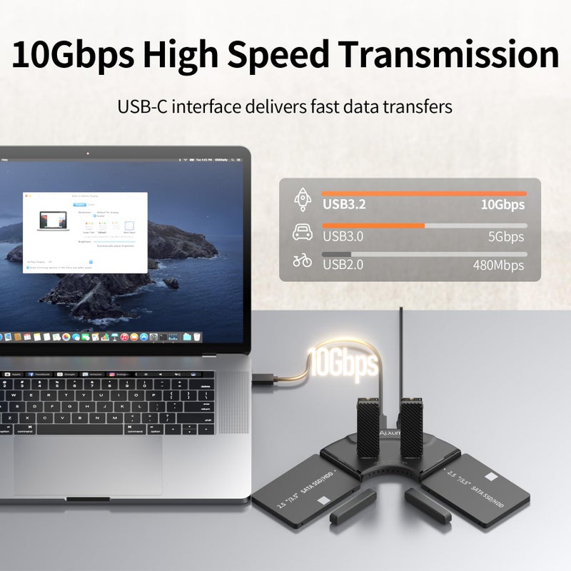 Alxum Dual M.2 NVMe & Dual SATA 4-Bay SSD Enclosure Reader, USB-C 10Gbps External Hard Drive Adapter Docking Station, PCIe 3.0 NVMe/SATA to USB Tool-Free for PC/Mac/Linux/Android - Image 3