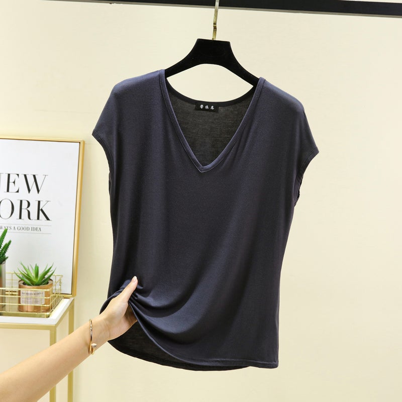 Modal V-Neck Sleeveless T-Shirt Women's Summer Thin Half-Sleeve Loose plus size All-Match Base Shirt Outer Wear T-Shirt Top - Image 1
