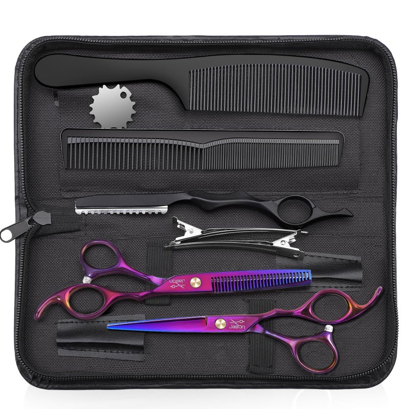 JASON Hair Scissors Professional - 10 PCS Haircut Scissors Set, Thinning Shears for Hair Cutting with 30 Teeth, Straight Shears for Men Women Home Salon Barber (6.7", Purple)