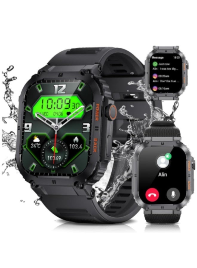 AROAQ Military Smart Watch for Men with 1.96'' HD Touch Screen, Bluetooth Call, 100+ Sports Modes, Heart Rate, SpO2 & BP Monitor, 5ATM Waterproof Fitness Tracker with 400mAh Battery – Android & iOS Compatible , Silicone Strap Black - Image 1