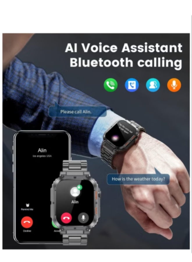 AROAQ Military Smart Watch for Men with 1.96'' HD Touch Screen, Bluetooth Call, 100+ Sports Modes, Heart Rate, SpO2 & BP Monitor, 5ATM Waterproof Fitness Tracker with 400mAh Battery – Android & iOS Compatible , Silicone Strap Black - Image 3