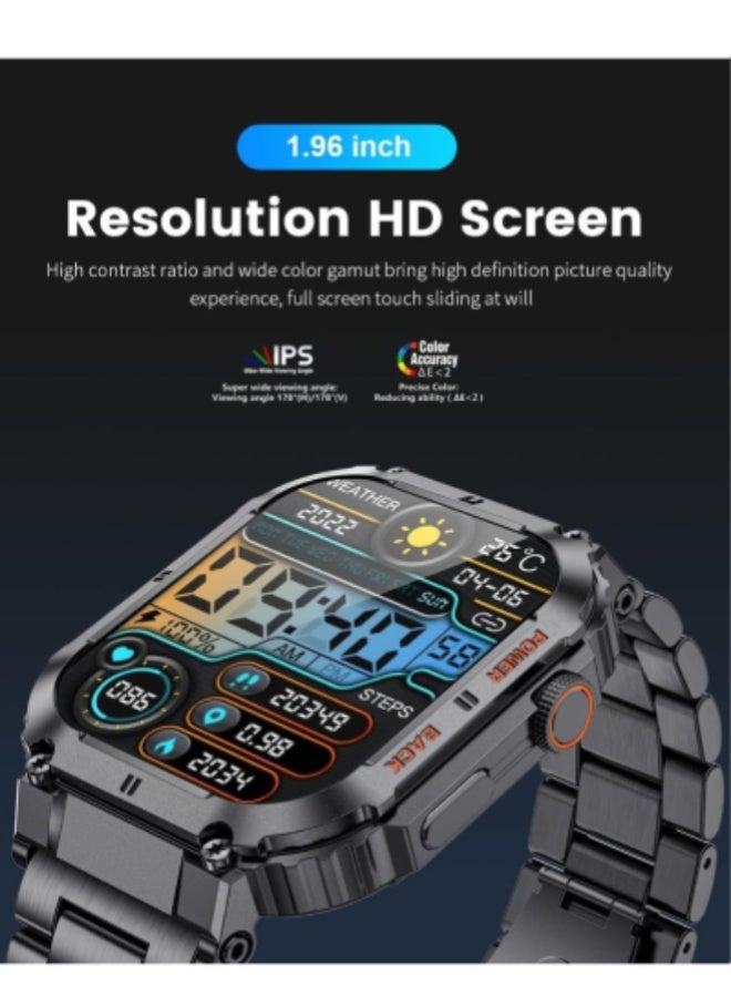 AROAQ Military Smart Watch for Men with 1.96'' HD Touch Screen, Bluetooth Call, 100+ Sports Modes, Heart Rate, SpO2 & BP Monitor, 5ATM Waterproof Fitness Tracker with 400mAh Battery – Android & iOS Compatible , Silicone Strap Black - Image 2