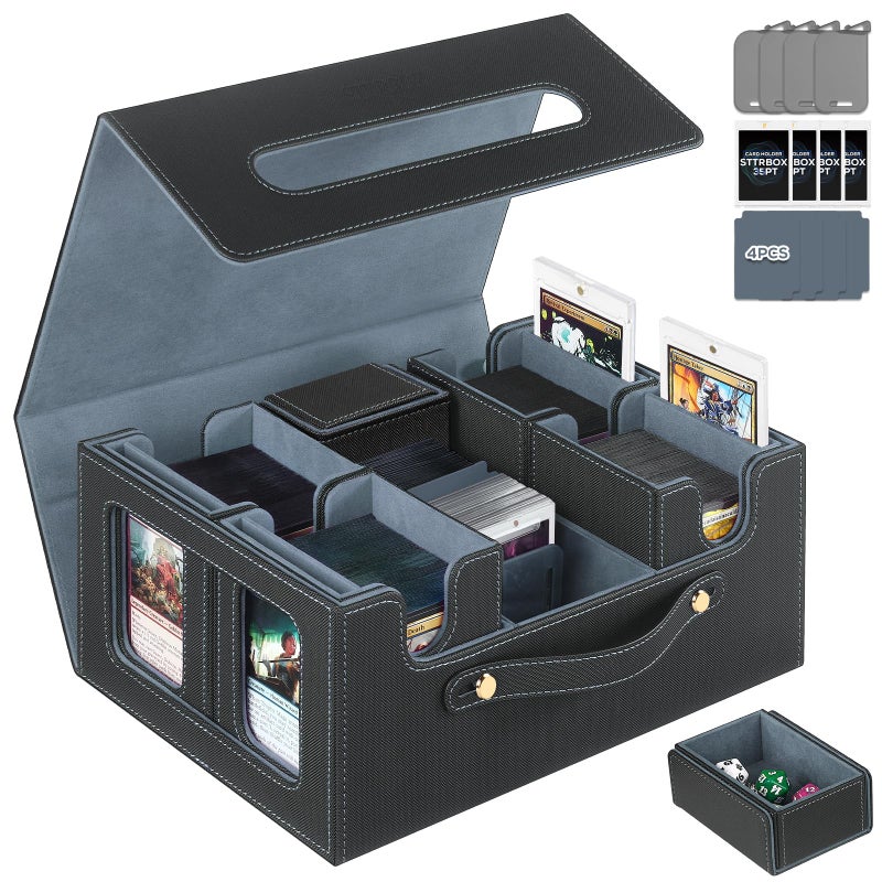 STTRBOX Trading Card Storage Box for MTG, MTG commander deck boxï¼ŒMulti-purpose Deck Case for MTG TCG Sports Card, 4 Toploaders, 4 Stoppers, 4 Colorful Dividers (Black & Grey) - Image 1