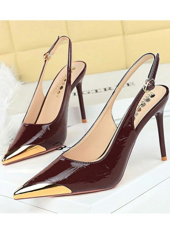 بيج تري المرأة أشارت إصبع القدم مضخات مغلقة إصبع القدم كعب عالي قفل حزام ساندال 9.5CM النبيذ الأحمر - Image 1