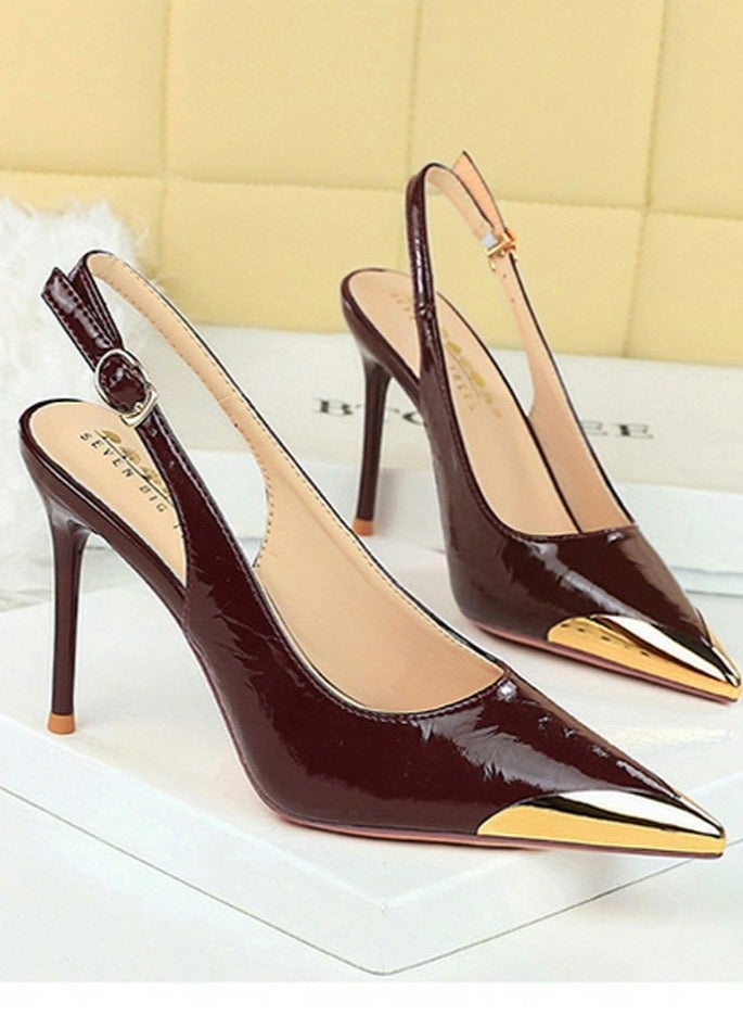 بيج تري المرأة أشارت إصبع القدم مضخات مغلقة إصبع القدم كعب عالي قفل حزام ساندال 9.5CM النبيذ الأحمر - Image 2