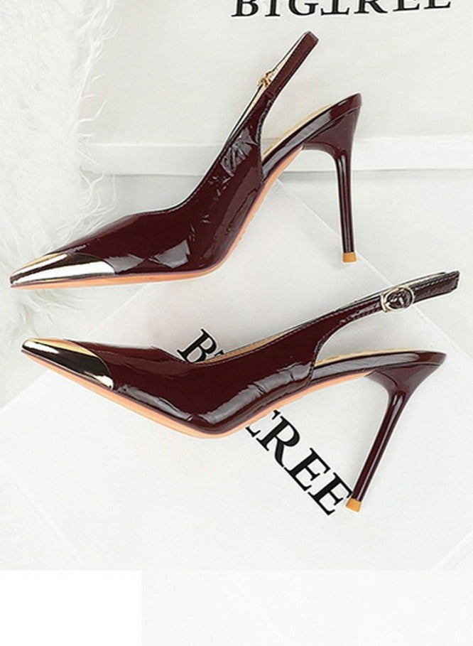 بيج تري المرأة أشارت إصبع القدم مضخات مغلقة إصبع القدم كعب عالي قفل حزام ساندال 9.5CM النبيذ الأحمر - Image 3