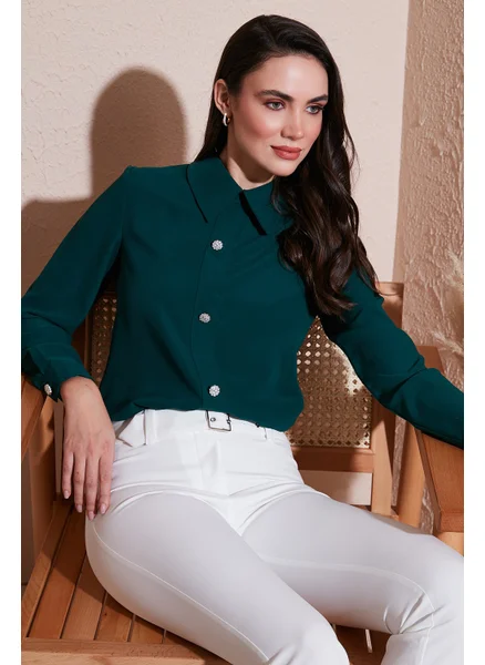 ليلا Stone Regular Fit Shirt Collar Zippered Blouse Women's Blouse 611BZ0493