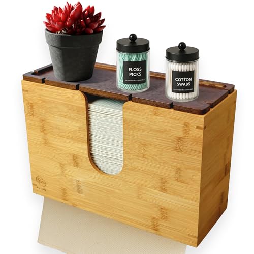 eBun Bamboo Paper Towel Holder for Multifold, Cfold, Trifold, Zfold Towels – Wall Mount or Countertop Paper Hand Dispenser with Removable Lid Tray, Modern Rustic Design for Kitchen, Bathroom & Office - Image 1