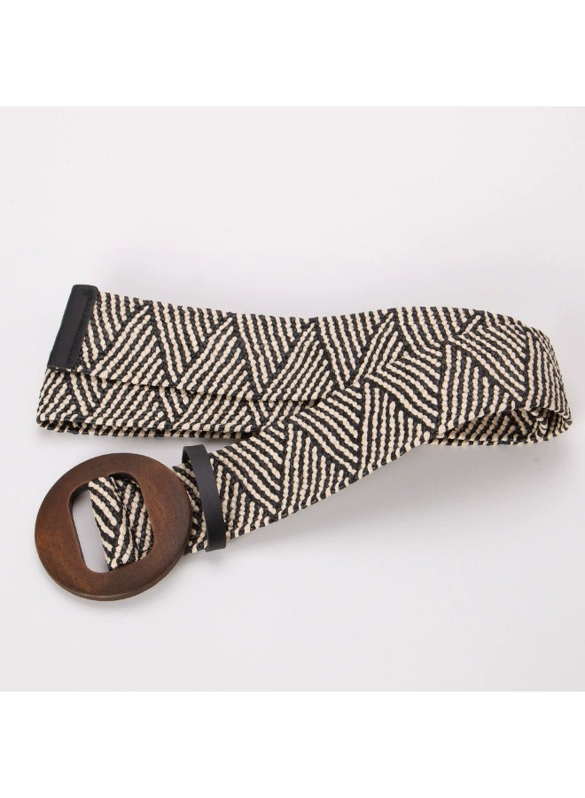 Goolsky Ethnic Style PP Grass Belt with Wooden Buckle Round Buckle Elastic Non-Piercing Wide Waistband Bohemian Girdle - Image 3