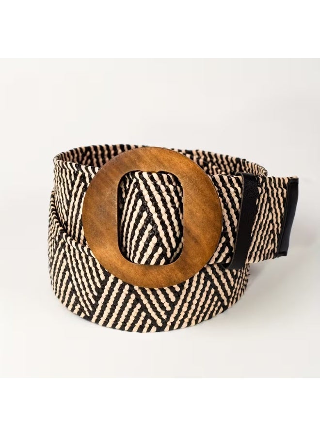 Goolsky Ethnic Style PP Grass Belt with Wooden Buckle Round Buckle Elastic Non-Piercing Wide Waistband Bohemian Girdle - Image 1
